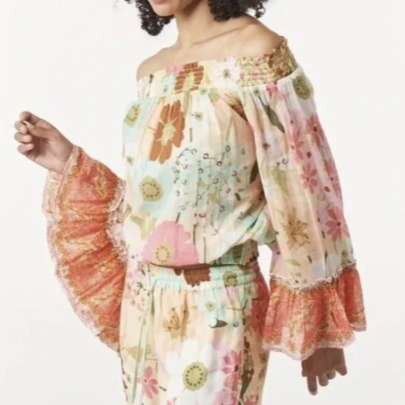 Aratta Silent Journey Daisy Floral Ruffled Cotton Blouse Off The Shoulder Large - Picture 1 of 14